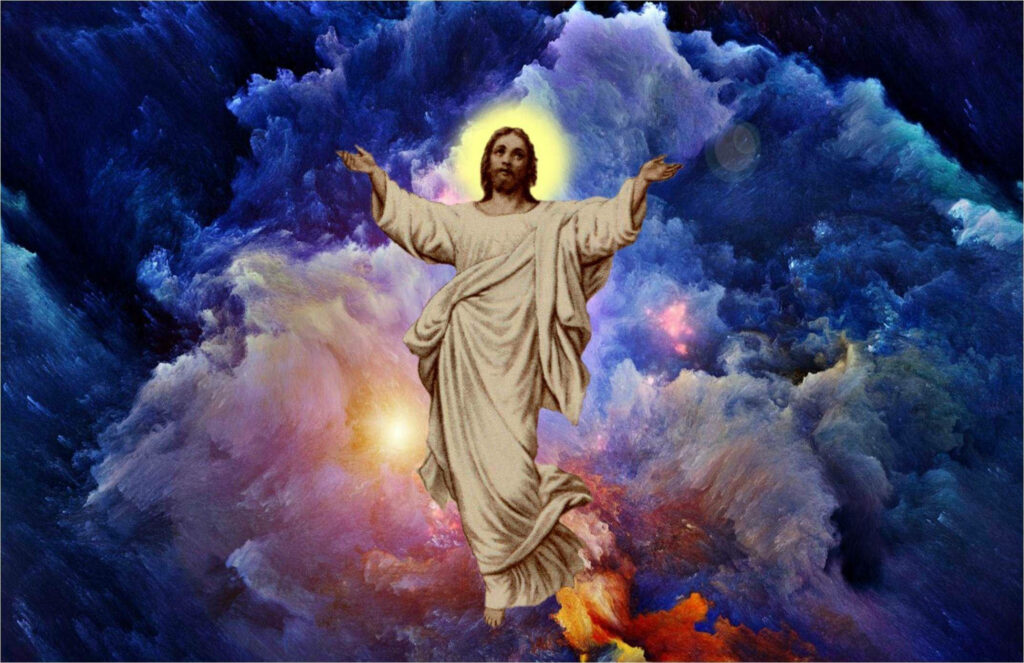 Divine Brushstrokes: Jesus Christ's Radiant Oil Painting on Blue Wave Background Wallpaper