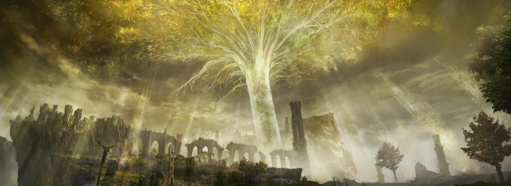 Majestic Divine Tower in Elden Ring with golden mist ancient ruins beneath glowing Erdtree wallpaper