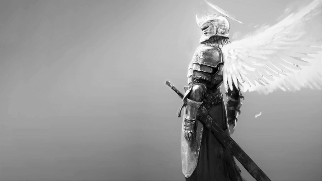 Guardian of Light: A Grayscale Medieval Angel Knight Wallpaper