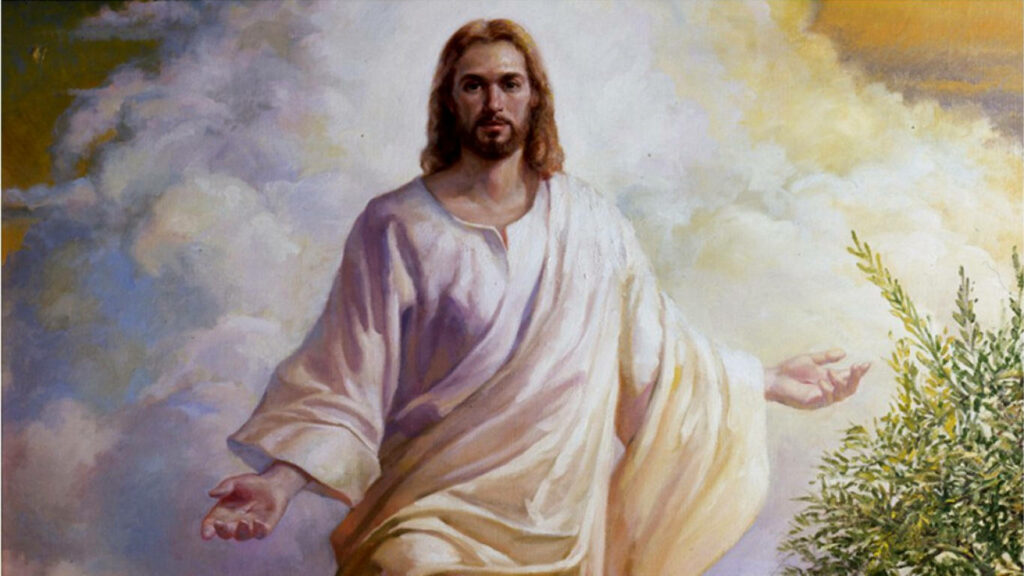 The Pure Light of Salvation: A Stunning White Painting of Jesus Christ in Majestic Clouds Wallpaper