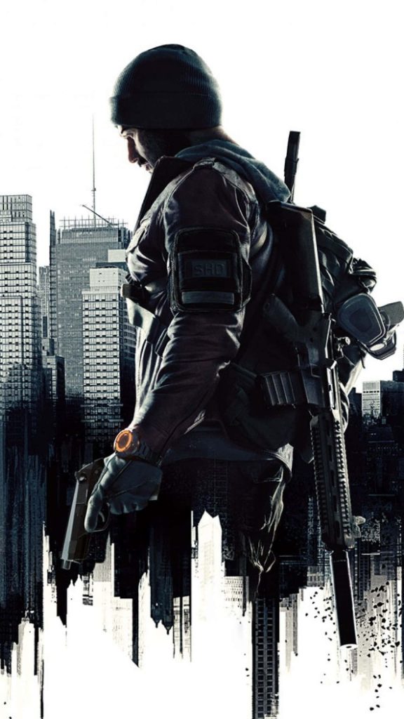 High contrast Division Agent wallpaper with tactical gear urban skyline glowing orange watch background