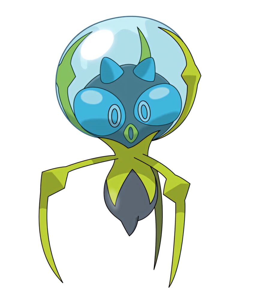 Dizzy Dewpider Pokémon wallpaper with bubble head and vibrant green legs on white background