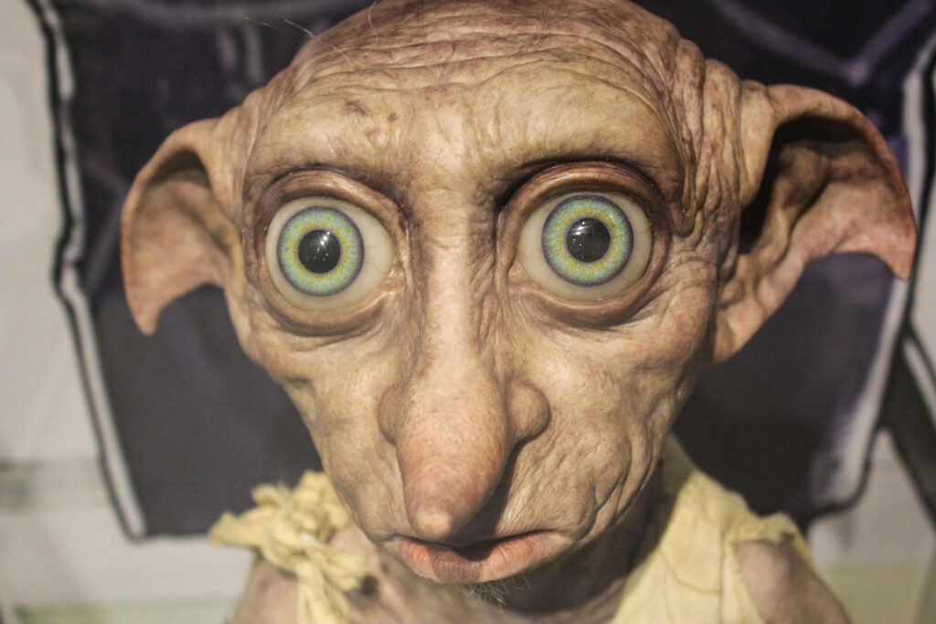 Close-up wallpaper of Dobby from Harry Potter with detailed skin texture and green eyes background