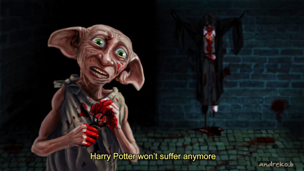 Dobby with bloodied hands holding fabric dark eerie Harry Potter fanart intense dramatic scene wallpaper