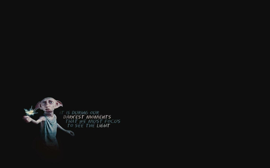 Dobby the Elf holding glowing light with hope quote on minimalist dark background wallpaper