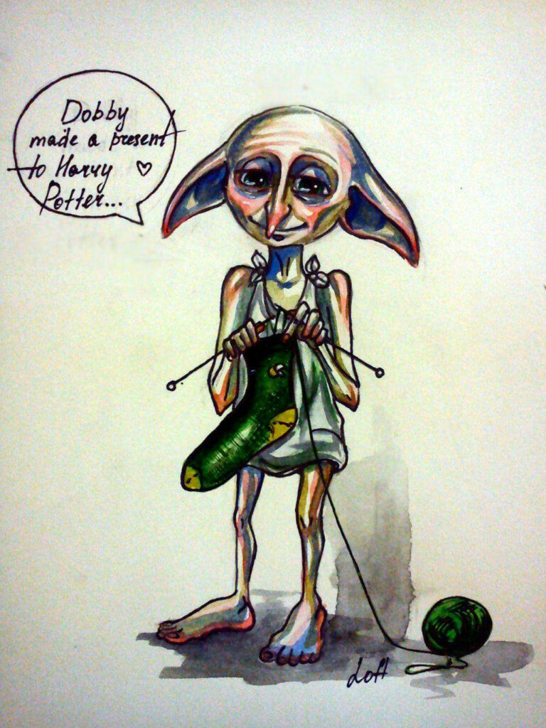 Watercolor wallpaper of Dobby happily stitching a green sock gift for Harry Potter character