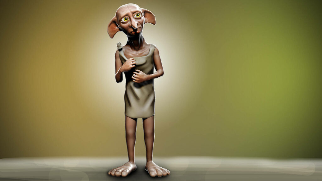 Dobby the Elf from Harry Potter standing alone with gentle expression on soft lit wallpaper background