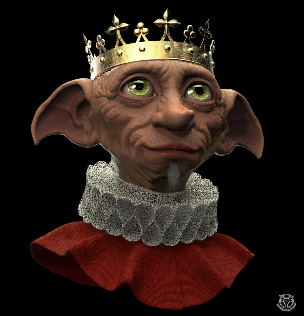 Dobby as royal prince fanart with golden crown lace collar and regal red robe wallpaper background