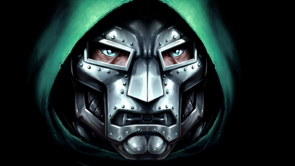 Close-up of Doctor Doom metallic mask with green hood intense eyes in dramatic digital art wallpaper