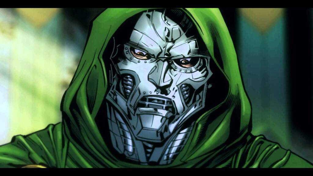 Doctor Doom comic art wallpaper with metallic mask piercing gaze green hood bold colors