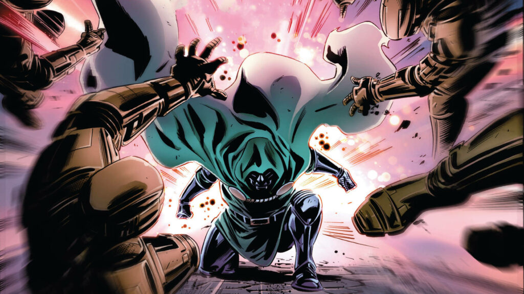 Doctor Doom in green cloak and metallic mask confronts army in dynamic comic style wallpaper