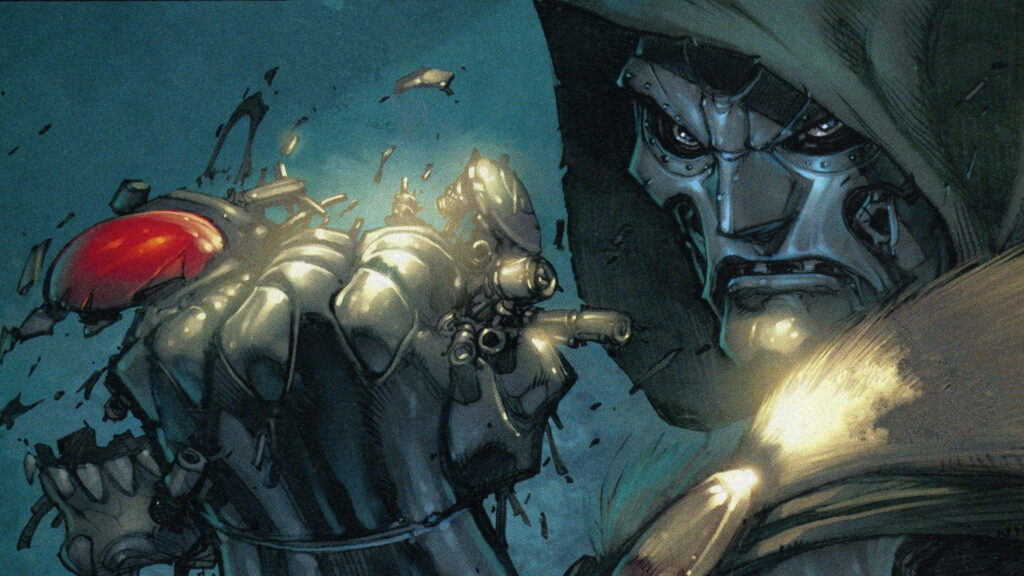 Doctor Doom crushing robot with armored fist in dramatic comic style dark action wallpaper