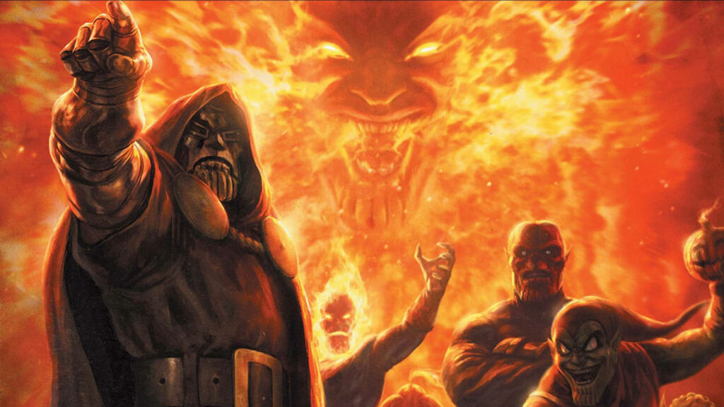 Doctor Doom dominates fiery inferno with demonic faces in bold dynamic comic book style wallpaper