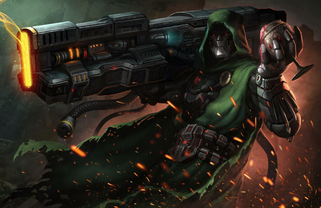 Doctor Doom in green cloak with metal mask wielding futuristic weapon in fiery sci-fi scene Wallpaper