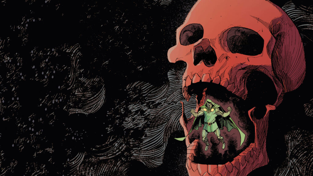 Doctor Doom menacing inside giant red skull mouth dark textured comic book style wallpaper background