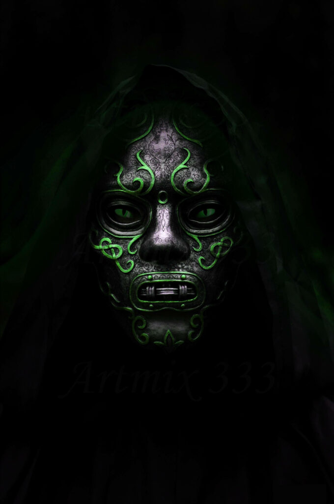 Doctor Doom mask wallpaper with glowing green patterns metallic texture dark fantasy background