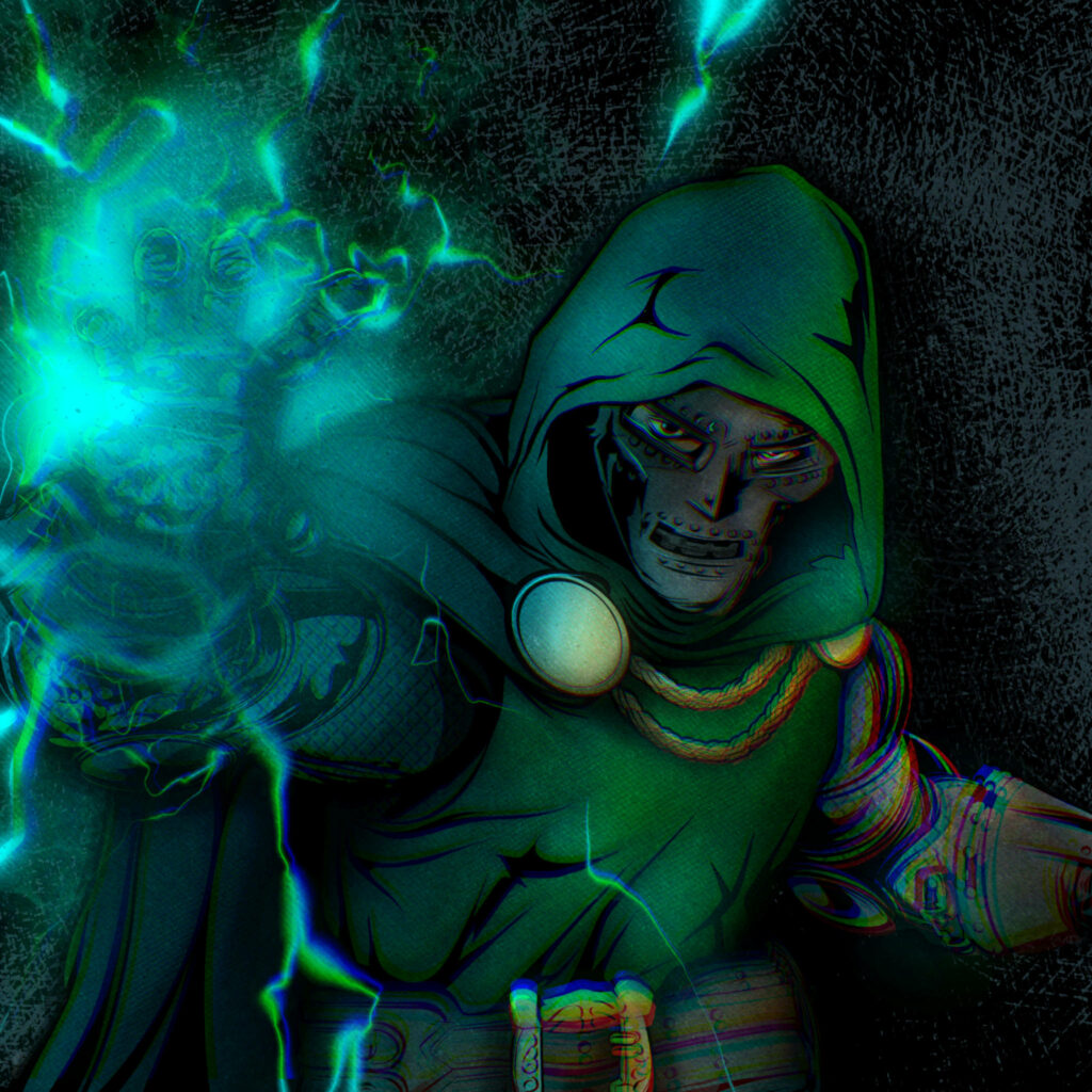 Doctor Doom unleashes glowing green energy with electric effects dark textured comic wallpaper