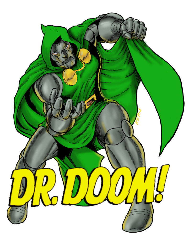 Doctor Doom wallpaper showing dynamic pose with metallic armor and green cloak Marvel villain background