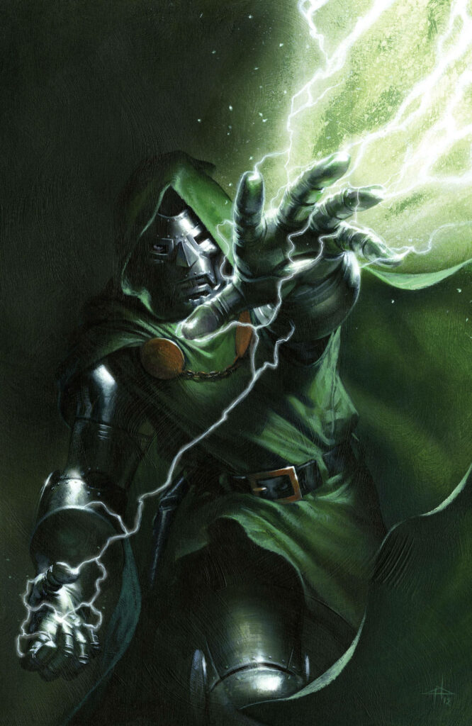 Doctor Doom summoning lightning with armored hand green energy dynamic wallpaper background