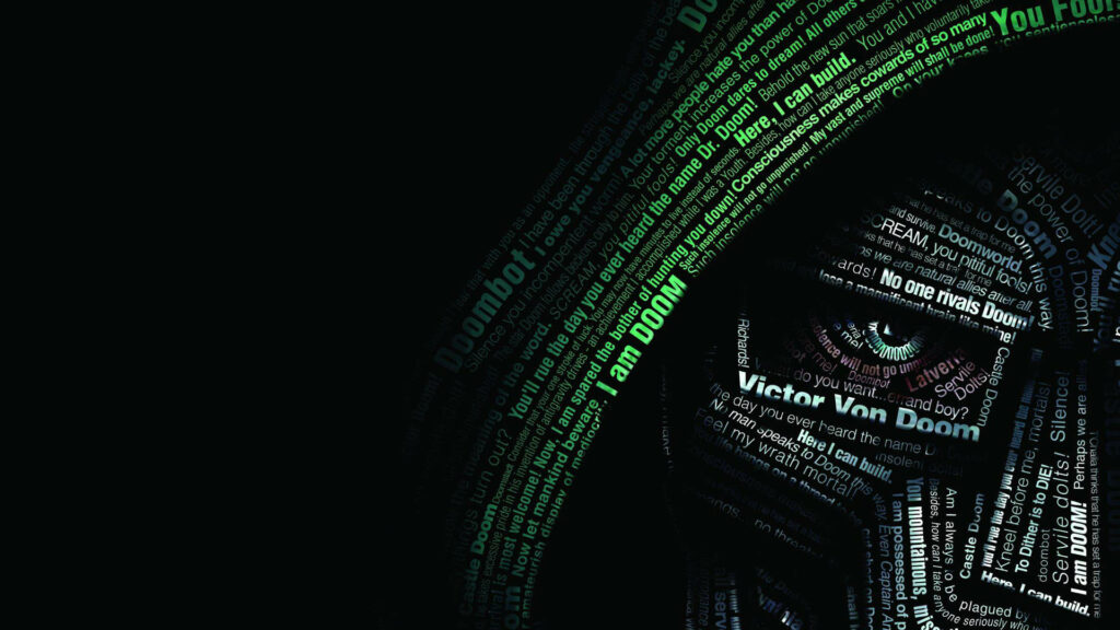 Doctor Doom typography wallpaper with colorful text forming his iconic metal mask on dark background
