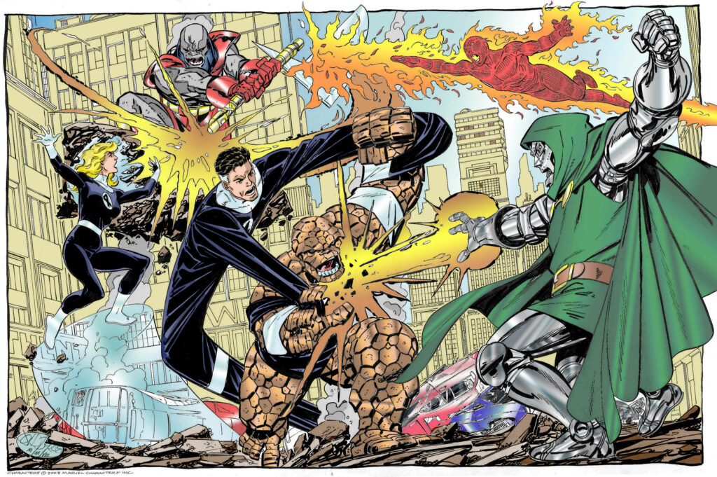 Doctor Doom fights Fantastic Four in vibrant comic style with bold colors and city backdrop Wallpaper