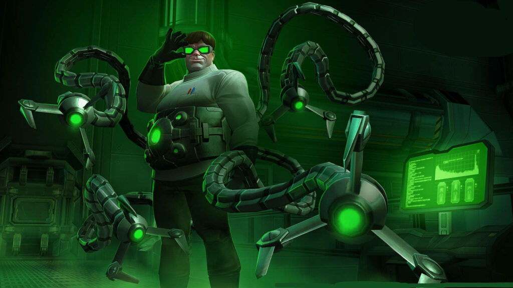 Doctor Octopus in high-tech lab with glowing green lights and advanced robotic arms wallpaper
