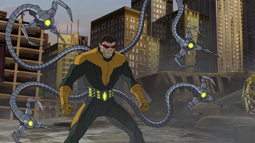 Animated Doctor Octopus in cityscape with mechanical tentacles comic style wallpaper background