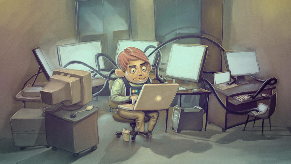 Doctor Octopus cartoon wallpaper with mechanical tentacles and vintage monitors in moody tones