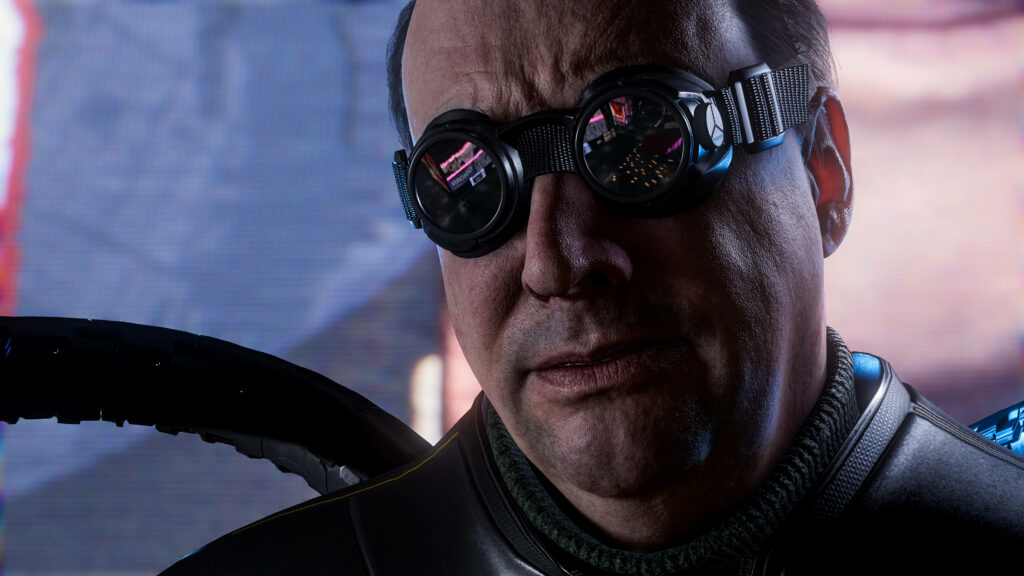 Doctor Octopus close-up with reflective goggles intense expression cybernetic suit digital background Wallpaper