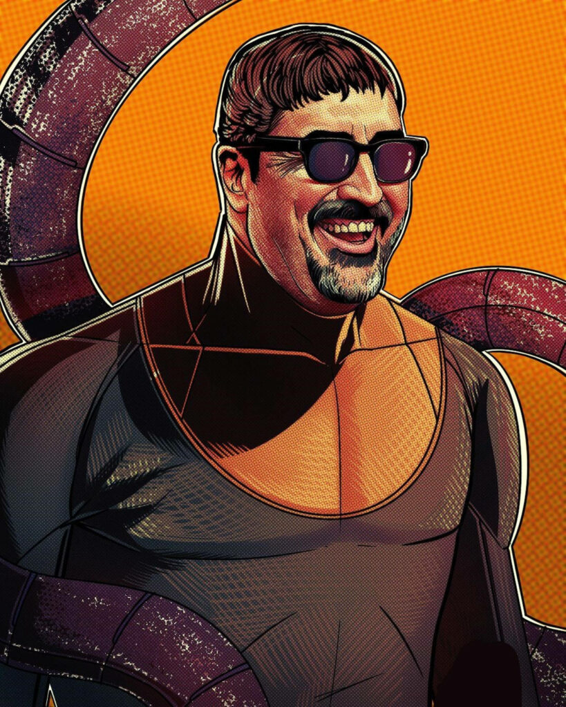 Doctor Octopus comic art wallpaper with mechanical tentacles on vibrant orange halftone background