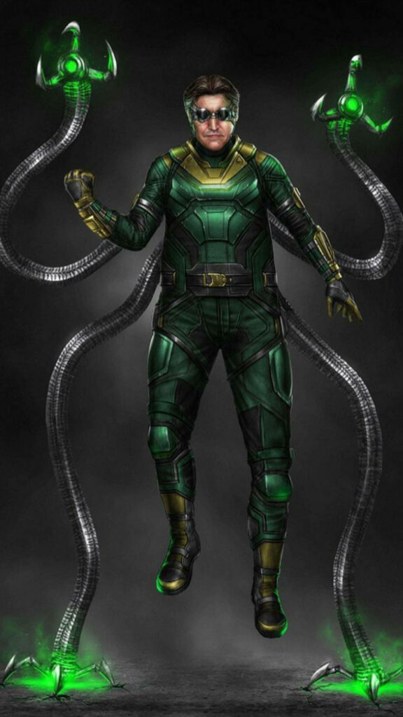 Doctor Octopus digital art wallpaper with glowing green tentacles in black and green suit background