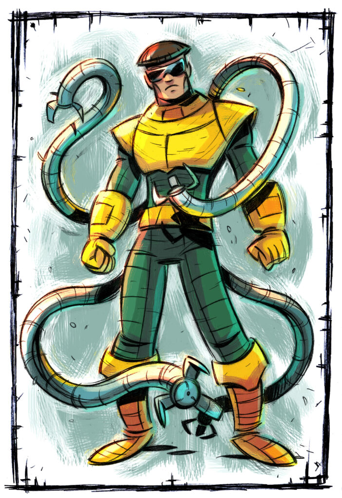 Vibrant Doctor Octopus art wallpaper with dynamic pose mechanical arms comic-style villain design