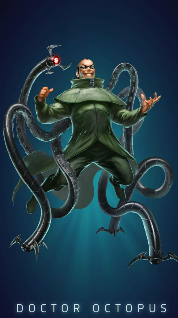 Doctor Octopus fanart wallpaper with green suit dark glasses and extended mechanical tentacles