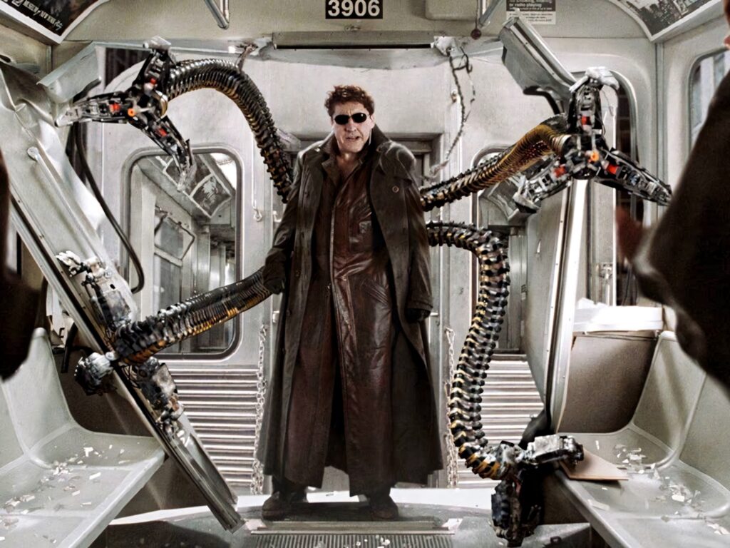 Alfred Molina as Doctor Octopus with extended tentacles inside damaged train Spider-Man 3 wallpaper