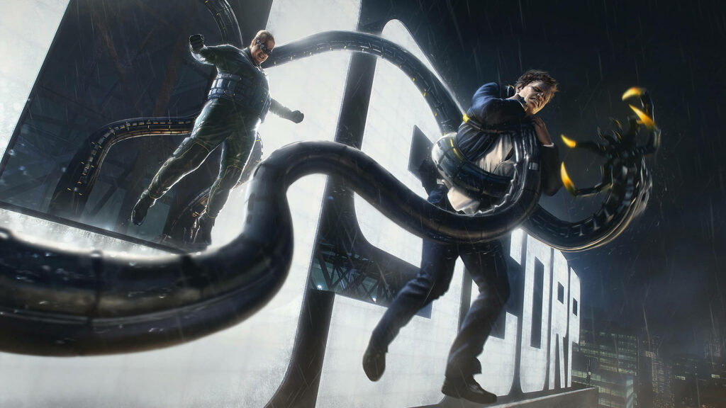 Doctor Octopus PS4 wallpaper showing dynamic night city with mechanical arms in action