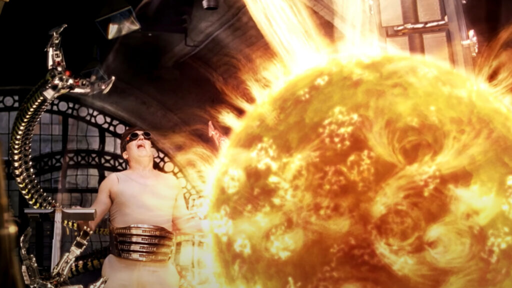 Doctor Octopus in Spider-Man 2 lab with mechanical arms and glowing artificial sun background wallpaper
