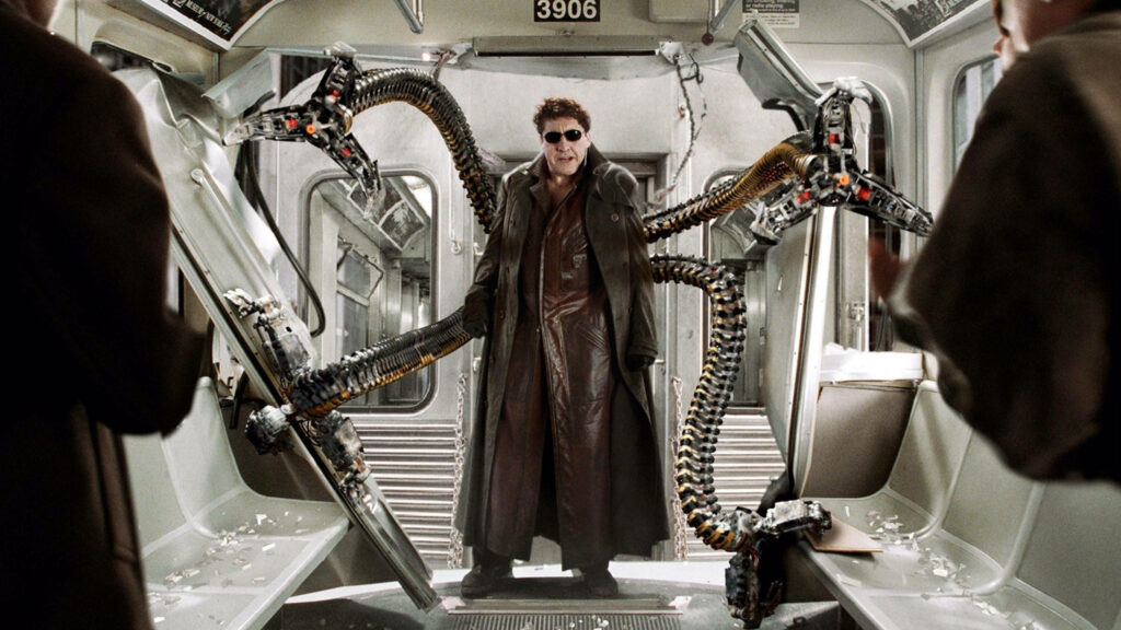 Doctor Octopus intense subway fight scene with mechanical arms Spider Man 2 wallpaper background