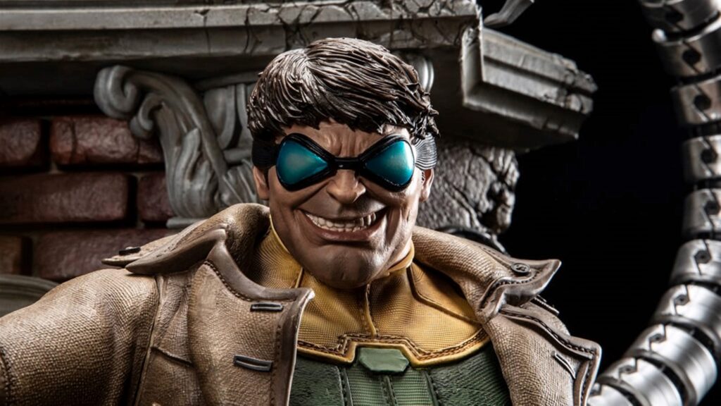 Doctor Octopus toy figure with mechanical tentacles and goggles on dark dramatic background Wallpaper