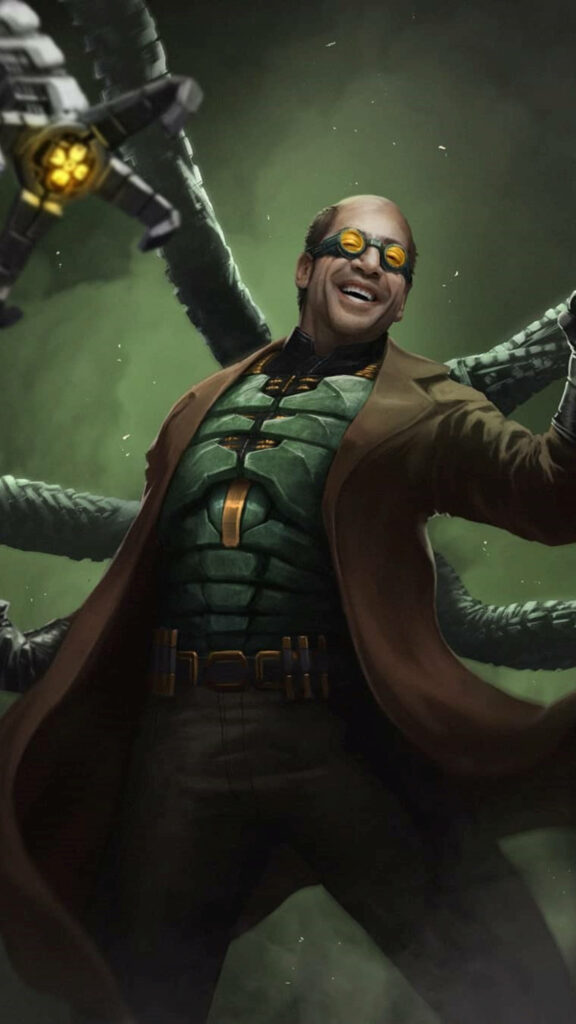 Doctor Octopus in green armor with mechanical arms on dark swirling green villainous background Wallpaper