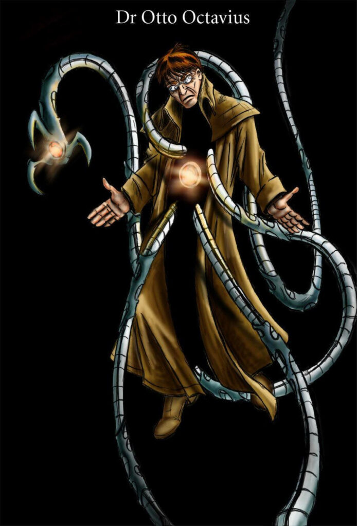 Doctor Octopus in trench coat with mechanical tentacles dark background Marvel villain art wallpaper