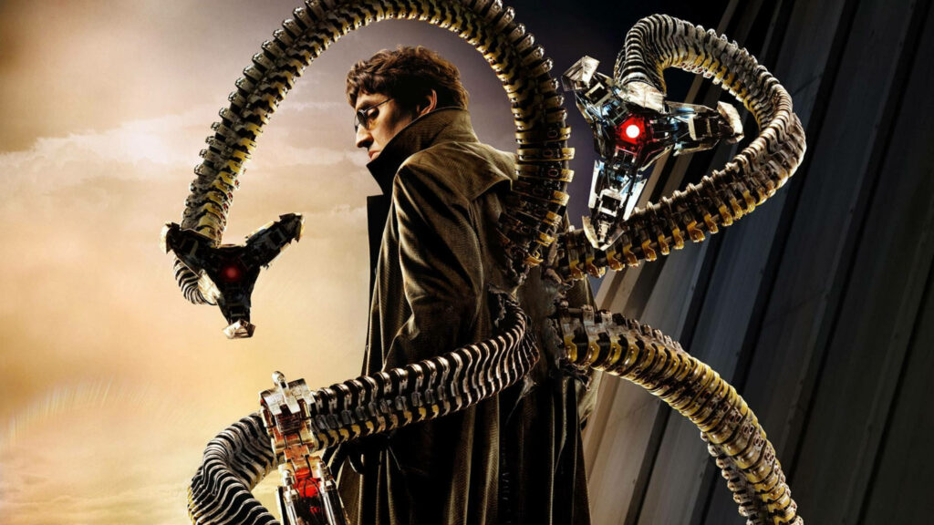 Doctor Octopus with mechanical tentacles against dramatic sky industrial backdrop Spider-Man 2 villain Wallpaper