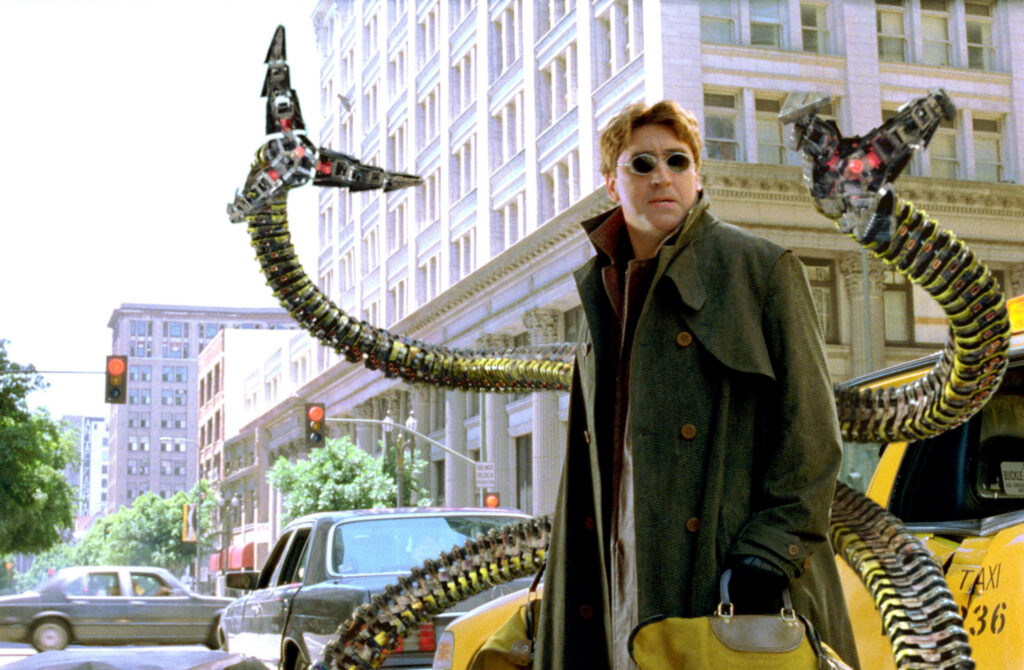 Doctor Octopus with metallic tentacles in busy city street cinematic live action wallpaper background