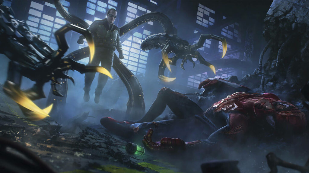 Doctor Octopus battles Spider Man in PS4 game scene with shattered glass and vibrant colors Wallpaper
