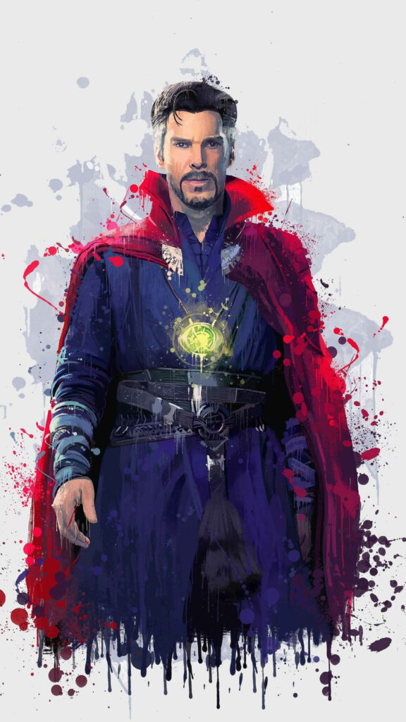 Doctor Strange in dynamic painted art style with glowing Eye of Agamotto and vivid cloak colors Wallpaper