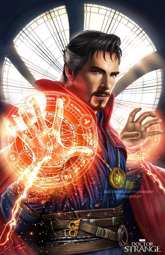 Doctor Strange casting glowing magical protective shield with vibrant reds and blue cloak background Wallpaper