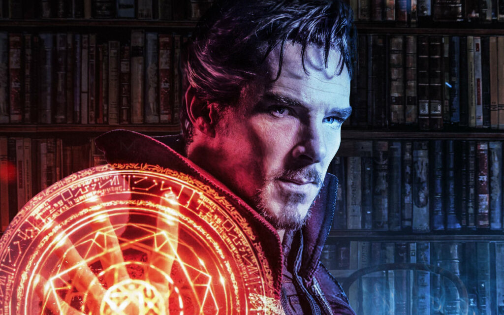 Doctor Strange casting glowing Vishanti spell with detailed library background in 4K resolution Wallpaper