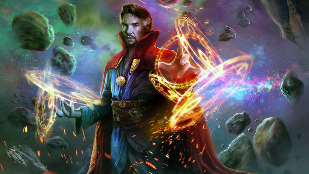 Doctor Strange casting glowing orange magical spells amid floating asteroids in cosmic background Wallpaper