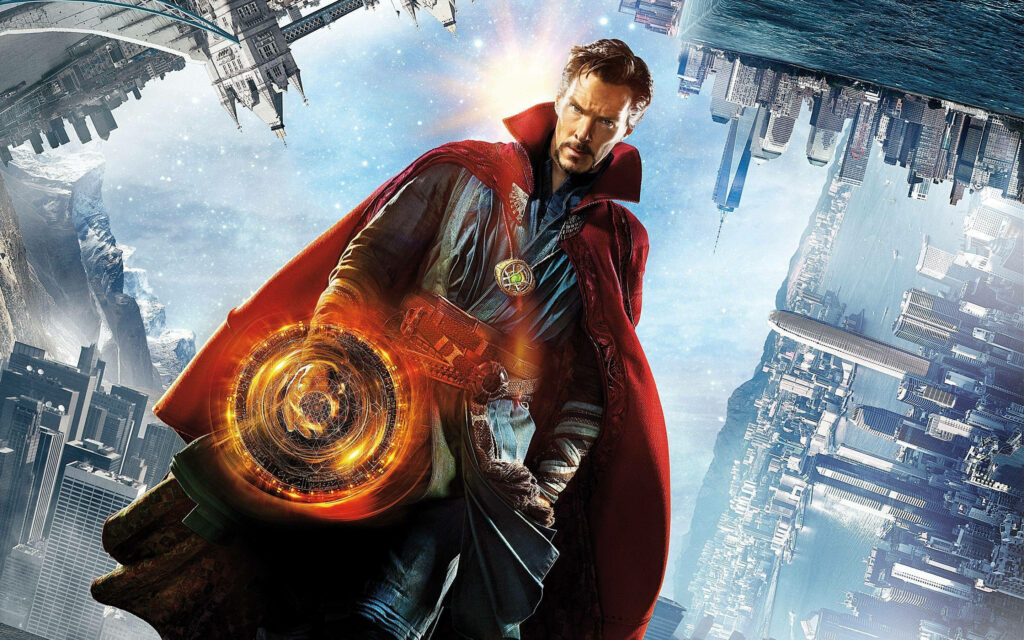 Doctor Strange in red cloak casting glowing spell with magical runes over surreal cityscape wallpaper