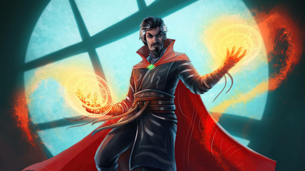 Doctor Strange casting magical flames with red cloak glowing against blue mystical background Wallpaper
