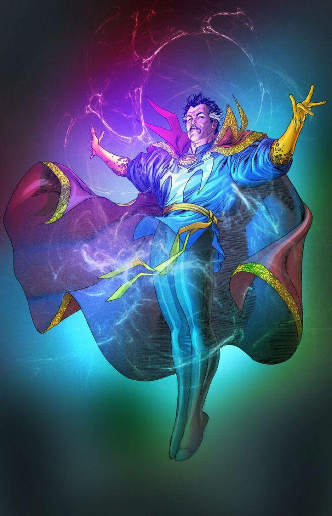 Doctor Strange flying with swirling cloak and colorful magical light bursts comic art wallpaper